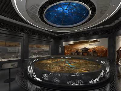 Historical Map Model Display In Circular Platform With Glass Enclosure And Starry Ceiling 3d model