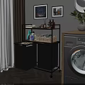 Laundry Storage Rack With Double Black Baskets Metal Frame And Cleaning Supplies For Modern Room