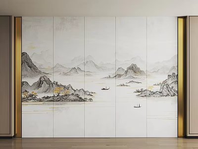 Chinese Landscape Ink Painting Style Modern Marble Background Wall With Golden Accents 3d model