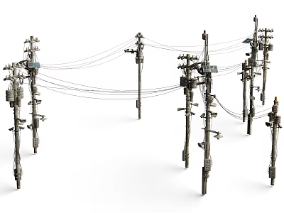 Cluster Of Weathered Utility Poles With Tangled Overhead Power Lines And Fixtures 3d model