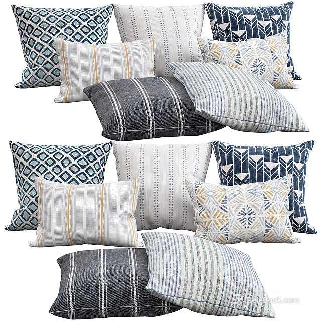 Decorative Assorted Pillows With Striped Geometric And Arrow Patterns In Blue Gray White Beige 3d model
