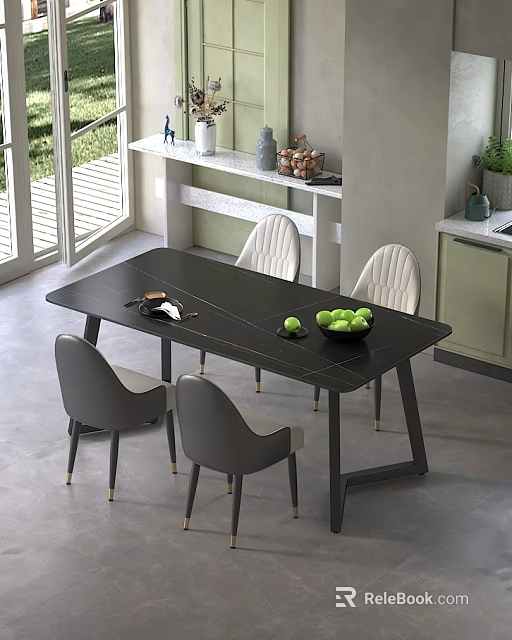Black Dining Table With Four Gray And White Chairs Green Fruits And Open Kitchen Space 3d model 