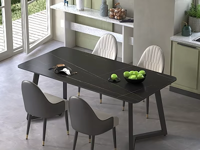 Black Dining Table With Four Gray And White Chairs Green Fruits And Open Kitchen Space 3d model