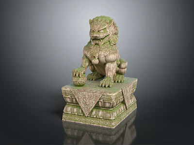 Ancient Style Stone Lion Statue With Moss Covered Surface And Carved Base 3d model