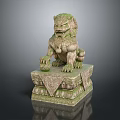 Ancient Style Stone Lion Statue With Moss Covered Surface And Carved Base