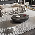 Modern Living Room Beige Fabric Sofa And Round Wooden Coffee Table Set With Striped Rug