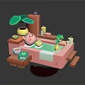 Pink Cartoon Animal Relaxing In Bathtub With Green Plant Yellow Candles Cup And Book