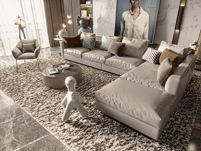 Modern Sectional Sofa With Round Coffee Table Accent Pillows And Plush Rug Artwork 3d model
