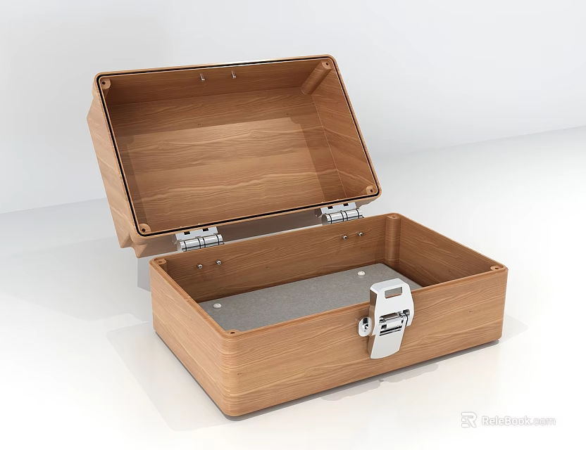 Wooden Storage Box With Open Lid Gray Lining Metal Lock And Hinges 3d model 