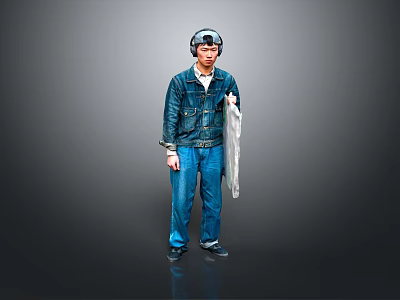 Man Wearing Headphones In Blue Denim Jacket And Blue Jeans Holding Gray Cloth 3d model
