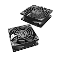 Two Black Square Air Conditioner Fans With Metal Grilles And Blades