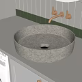 Round Concrete Washbasin With White Countertop And Brass Wall Mounted Faucet In Modern Bathroom
