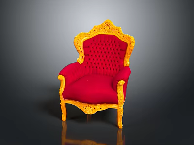 Luxurious Ornate Chair With Red Tufted Cushion And Yellow Carved Frame Design 3d model