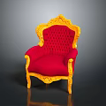 Luxurious Ornate Chair With Red Tufted Cushion And Yellow Carved Frame Design
