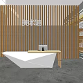 Art Gallery Interior With Wooden Slat Partition Reception Desk Red Circular Decorations And Green Plant