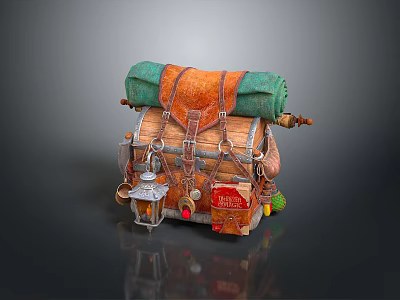 Vintage Style Storage Chest For Daily Supplies With Leather Straps Green Roll And Small Decorative Items 3d model