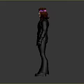 Man with long red hair in black outfit including long-sleeve top flared pants and gloves