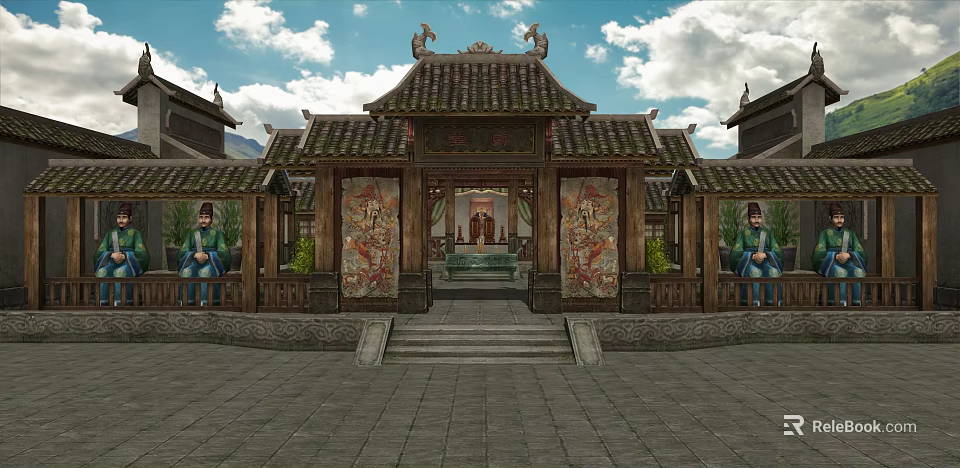 Ancient Chinese Architecture With Traditional Roof Painted Murals Carved Decorations And Stone Steps 3d model 
