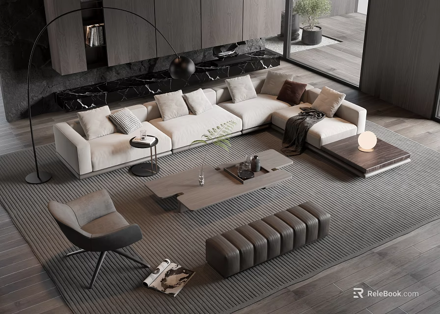 Modern Sofa Coffee Table Set With Light Colored Sofa Minimalist Coffee Table And Area Rug 3d model 