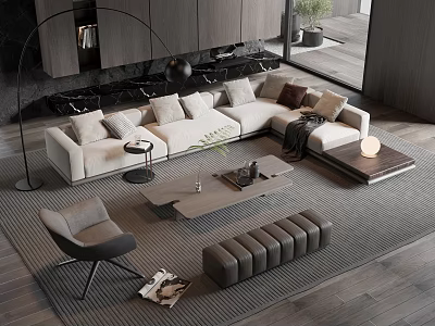 Modern Sofa Coffee Table Set With Light Colored Sofa Minimalist Coffee Table And Area Rug 3d model