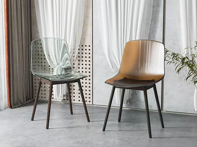 Modern Transparent and Golden Dining Chairs with Dark Legs Near White Curtains and Green Plant 3d model