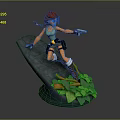 Pink Haired Female Adventurer Crouching On Rocky Platform Holding Pistol With Lush Green Plants