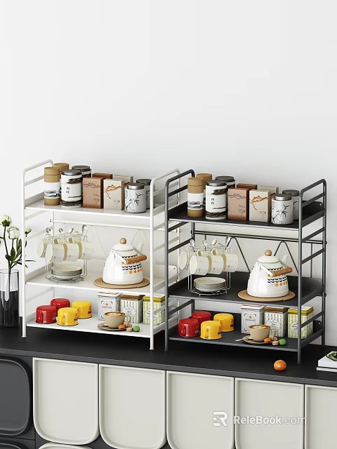Modern Home Decorative Ornament Sets On Multi Tiered Shelves With Jars Mugs And Teapots 3d model 