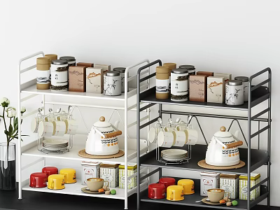Modern Home Decorative Ornament Sets On Multi Tiered Shelves With Jars Mugs And Teapots 3d model