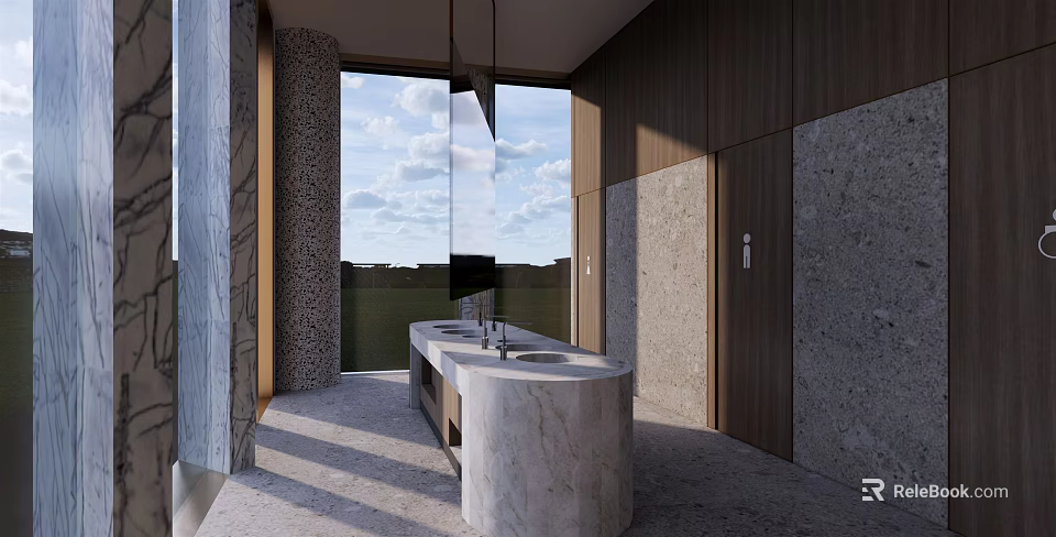 Modern Public Toilet Design With Marble Sink Large Window Wooden Walls And Concrete Surfaces 3d model 