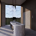 Modern Public Toilet Design With Marble Sink Large Window Wooden Walls And Concrete Surfaces