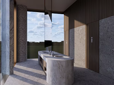 Modern Public Toilet Design With Marble Sink Large Window Wooden Walls And Concrete Surfaces 3d model