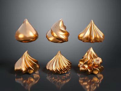 Six Golden Glossy Decorative Dessert Meringue Pieces In Various Shapes 3d model