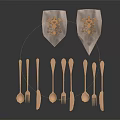 Elegant Wooden Tableware Set with Knives Forks Spoons and Decorative Patterned Napkins