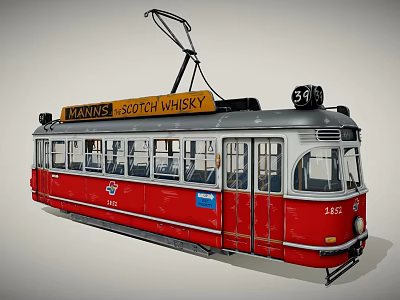Red Tram With MANN'S SCOTCH WHISKY Sign Number 1432 Windows And Doors 3d model