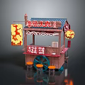 Octopus Ball Street Food Stall With Wooden Structure Red Signboard Lanterns Orange Stools And Blue Wheels