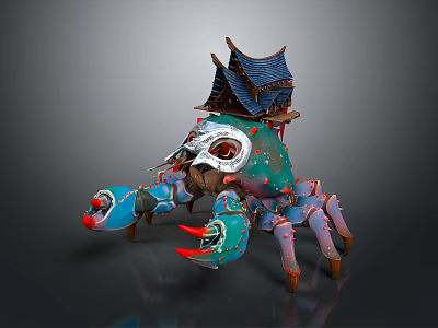 Game Movie Character Crab Shaped With Small House On Back Colorful Shell And Sharp Claws 3d model