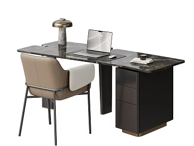 Modern Desk and Chair Set with Black Marble Top Beige Chair Table Lamp and Laptop 3d model