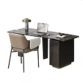 Modern Desk and Chair Set with Black Marble Top Beige Chair Table Lamp and Laptop