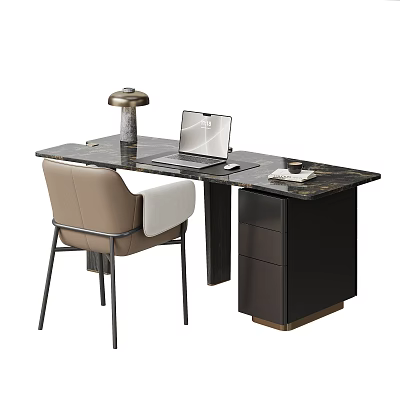 Modern Desk and Chair Set with Black Marble Top Beige Chair Table Lamp and Laptop 3d model