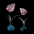 Two Pink Grape Like Flowers In Blue Green Vases With Green Leaves On Black Background