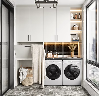 Home Balcony Laundry Area With White Cabinets Washing Machines Towel Basket And Storage Shelves 3d model