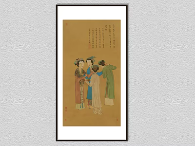 Traditional Chinese Figure Painting With Ancient Ladies And Calligraphy On Yellow Background 3d model