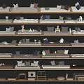 Various Home Decor Items Display on Multiple Shelves with Pillows and Cushions 3d model