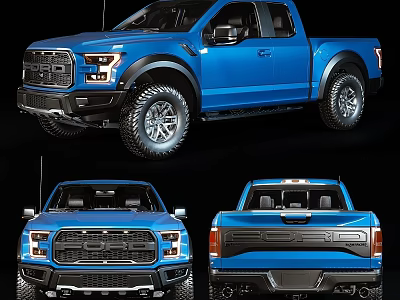 Blue Ford F-150 Raptor Pickup Truck Showcasing Multiple Exterior Views 3d model