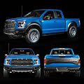 Blue Ford F-150 Raptor Pickup Truck Showcasing Multiple Exterior Views