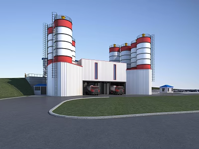 Aerial Planning of Industrial Facility With Red and White Silos and Trucks 3d model