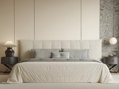 Modern Double Bed With Upholstered Headboard Grey Bedding Side Tables And Textured Wall 3d model