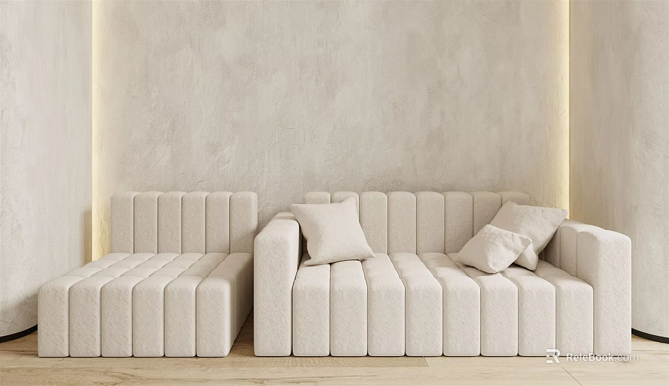 Modern Beige Sectional Sofa Set With Ribbed Design And Comfortable Pillows For Living Room Interior 3d model 
