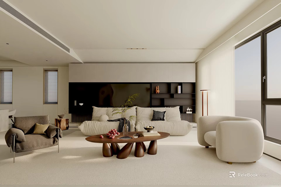 Modern Minimalist Living Room Interior Design With Beige Sofa Wooden Coffee Table And Green Plant 3d model 