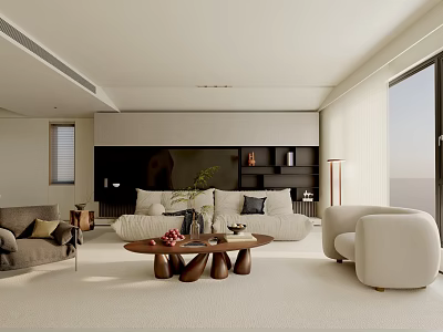 Modern Minimalist Living Room Interior Design With Beige Sofa Wooden Coffee Table And Green Plant 3d model